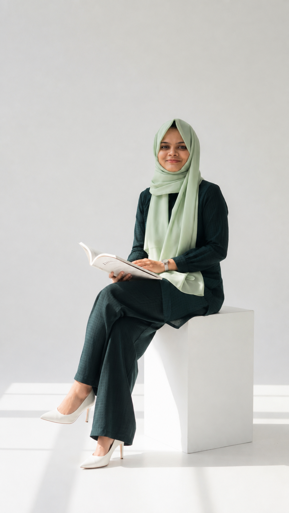 Farha, product designer, seated with a book